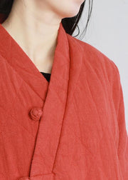 Simple v neck pockets clothes For Women pattern orange Dress - SooLinen
