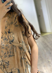 Simple v neck prints linen clothes side open loose Dress - SooLinen