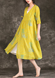 Simple v neck tie waist Chiffon clothes plus size Runway yellow print short Dress Summer