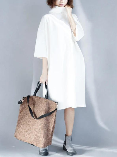 Simple white Cotton tunic dress high neck half sleeve oversized Dress - SooLinen