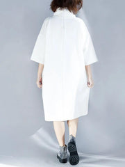 Simple white Cotton tunic dress high neck half sleeve oversized Dress - SooLinen