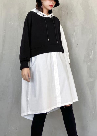 Simple white clothes Women hooded patchwork Dresses - SooLinen