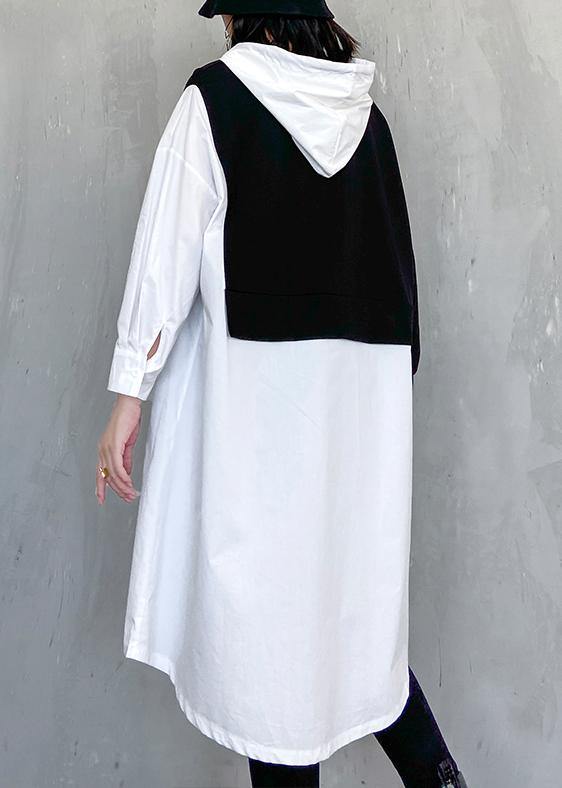 Simple white clothes Women hooded patchwork Dresses - SooLinen