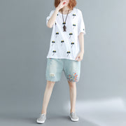 Simple white embroidery cotton clothes Vintage Inspiration o neck loose shirt