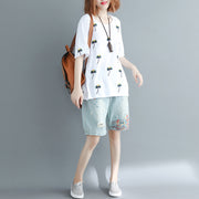 Einfache weiße Stickerei-Baumwollkleidung Vintage Inspiration O-Ausschnitt lockeres Hemd