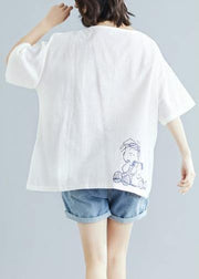 Simple white print linen clothes Fabrics o neck baggy blouse - SooLinen