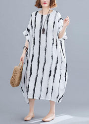 Simple white striped cotton quilting dresses o neck pockets long summer Dresses - SooLinen