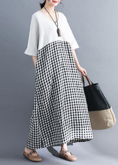 Simple white v neck cotton clothes patchwork cotton summer Dresses - SooLinen