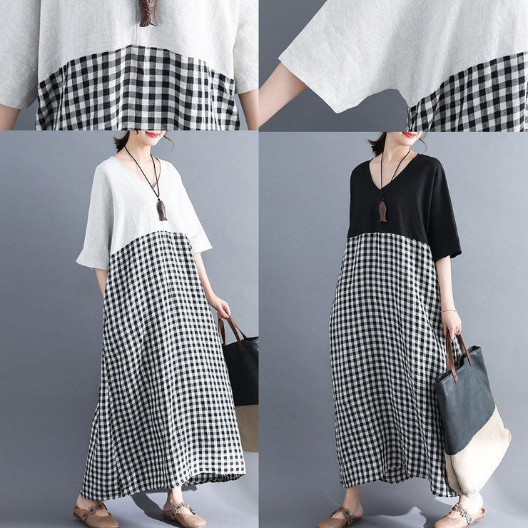 Simple white v neck cotton clothes patchwork cotton summer Dresses - SooLinen