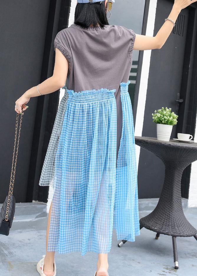 Simple Cinched o neck cotton Long Shirts Work Outfits gray patchwork cotton Dress summer - SooLinen