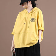 Simple yellow Letter shirts hooded patchwork loose shirt - SooLinen