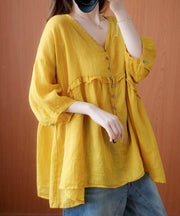 Simple yellow Tunic v neck lantern sleeve Plus Size Clothing blouse - SooLinen