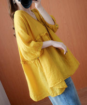 Simple yellow Tunic v neck lantern sleeve Plus Size Clothing blouse - SooLinen