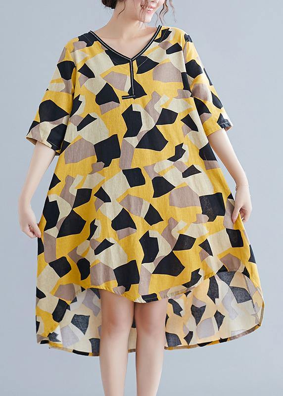 Simple yellow print cotton quilting clothes v neck half sleeve oversized summer Dress - SooLinen
