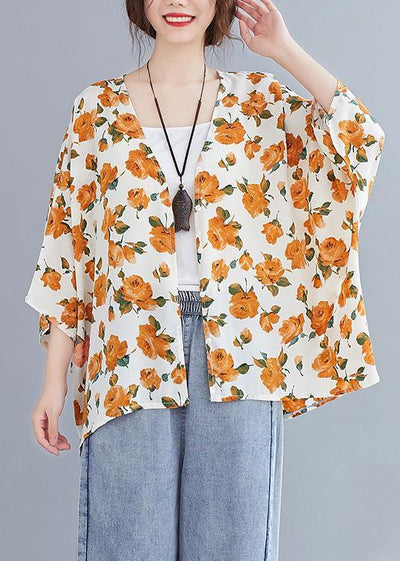 Simple yellow print top v neck Batwing Sleeve blouses - SooLinen