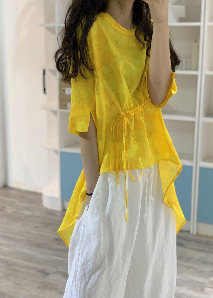 Simple yellow prints linen Long Shirts low high design box summer blouses - SooLinen