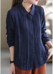 Simple Navy Stand Collar Wrinkled Lace Patchwork Button Cotton Tops Long Sleeve