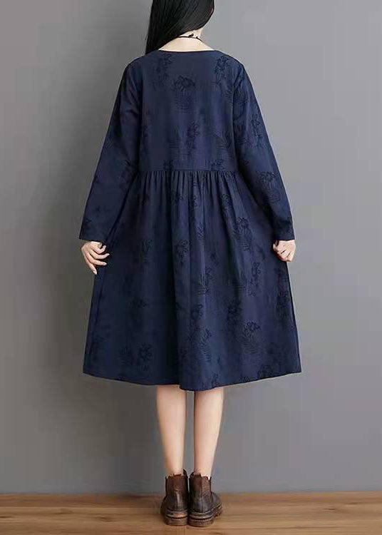 Einfache Leinenkleidung Frauen-Jacquard-Falten-blaues Leinen-loses Kleid