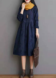 Einfache Leinenkleidung Frauen-Jacquard-Falten-blaues Leinen-loses Kleid