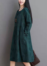 Simple linen clothes Women Jacquard Pleat Blue Linen Loose Dress