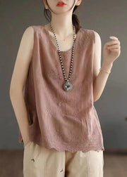 Skin Pink Embroidered Solid Cotton Vest Sleeveless