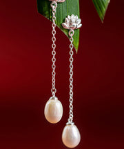 Skinny Beige Sterling Silver Pearl Lotus Drop Earrings