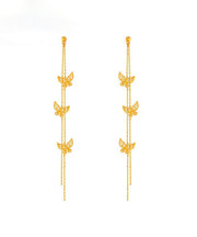 Skinny Gold Ancient Gold Butterfly Tassel Drop Earrings