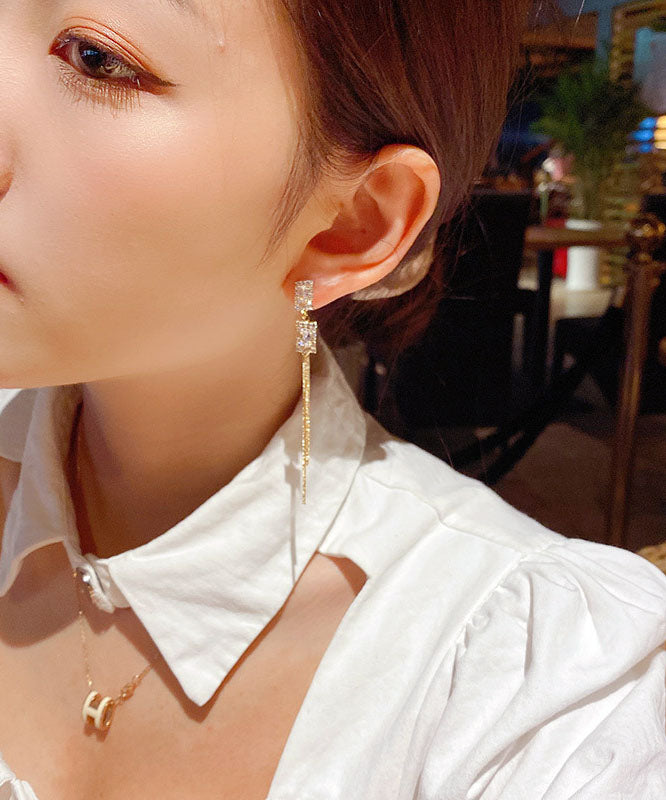 Skinny Gold Copper Alloy Inlaid Zircon Geometric Blocks Tassel Drop Earrings
