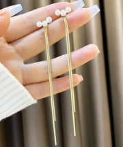 Skinny Gold Copper Overgild Pearl Tassel Drop Earrings
