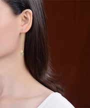 Skinny Gold Sterling Silver Overgild Inlaid Jade Gourd Drop Earrings