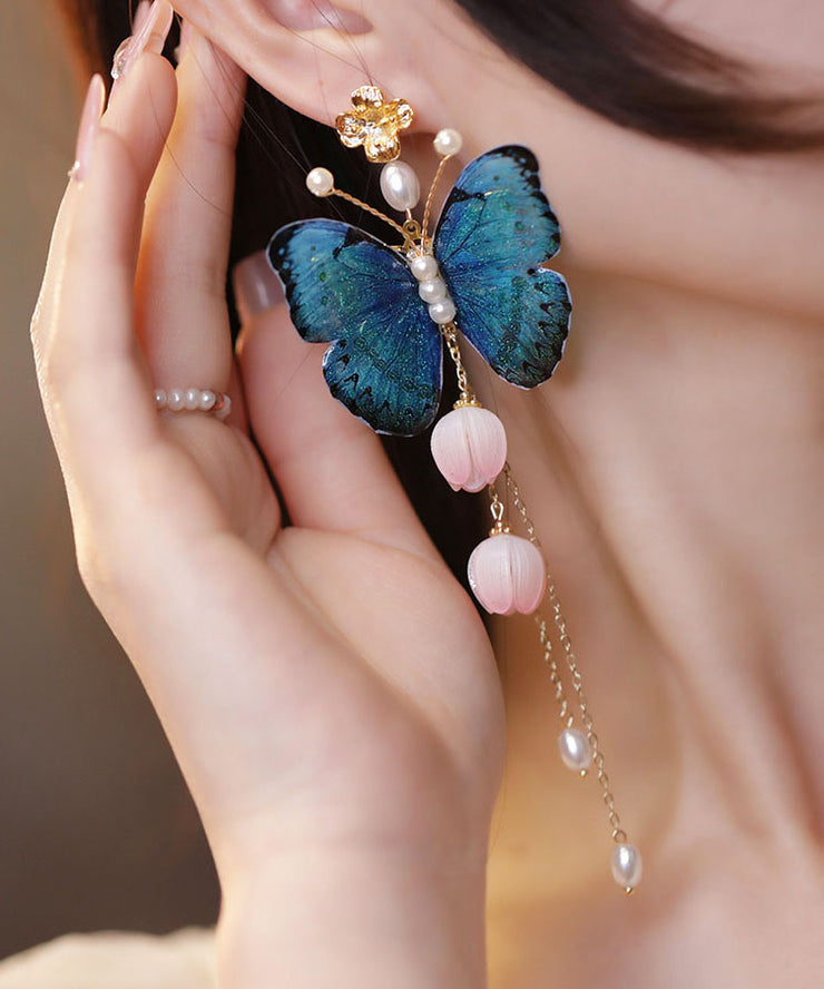 Skinny Green Copper Crystal Resin Butterfly Tassel Drop Earrings