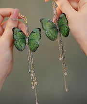Skinny Green Copper Crystal Resin Butterfly Tassel Drop Earrings