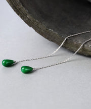Skinny Green Sterling Silver Dry Green Jade Water Drop Tassel Drop Earrings
