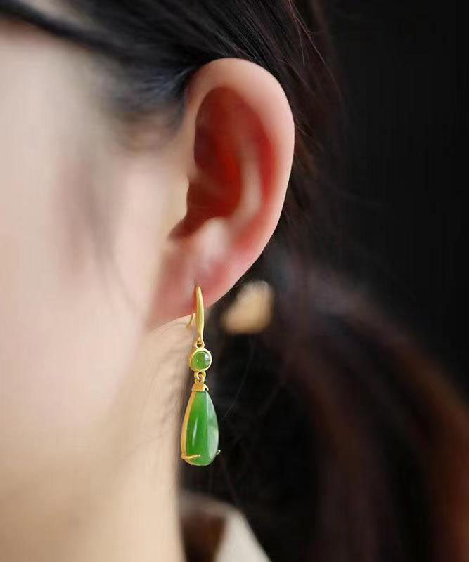 Skinny Green Sterling Silver Inlaid Jade Drop Earrings
