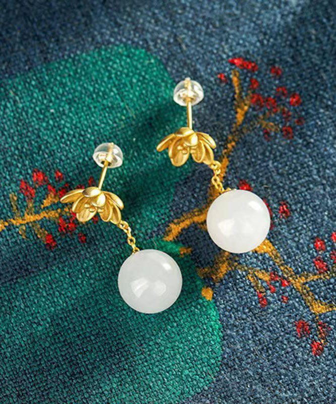 Skinny White Ancient Gold Jade Floral Drop Earrings