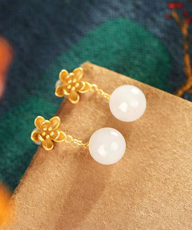 Skinny White Ancient Gold Jade Floral Drop Earrings
