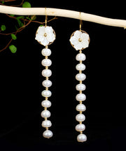Skinny White Sterling Silver Overgild Pearl Shell Flower Tassel Drop Earrings