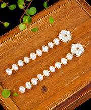 Skinny White Sterling Silver Overgild Pearl Shell Flower Tassel Drop Earrings