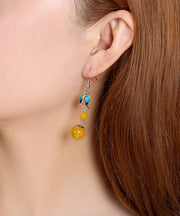 Skinny Yellow Jade Cloisonne Floral Drop Earrings