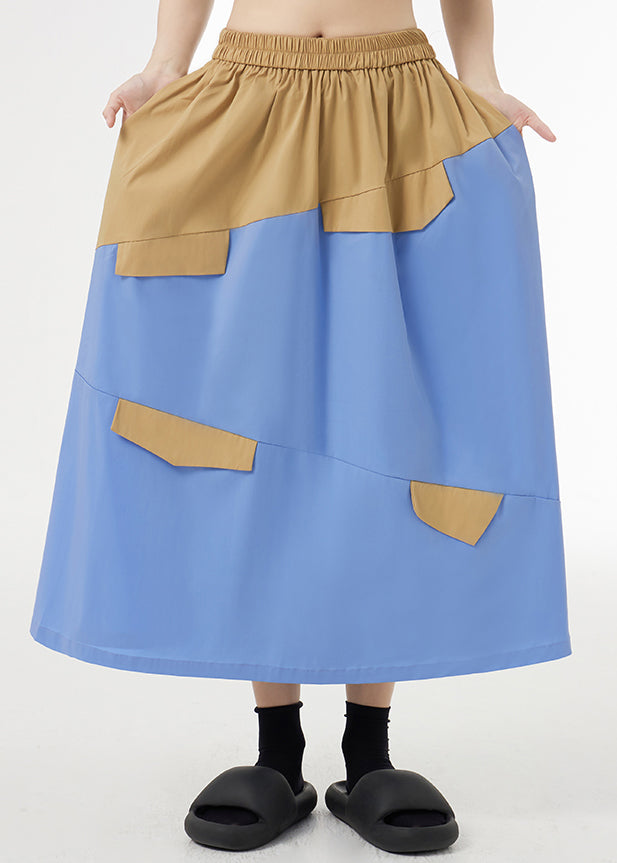 Sky Blue Pockets Elastic Waist Patchwork Cotton Maxi Skirts Wrinkled