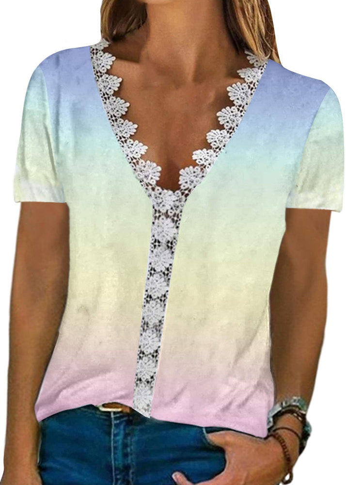 Sleeve Comfortable Casual Lace V-Neck Print T Shirt Women White