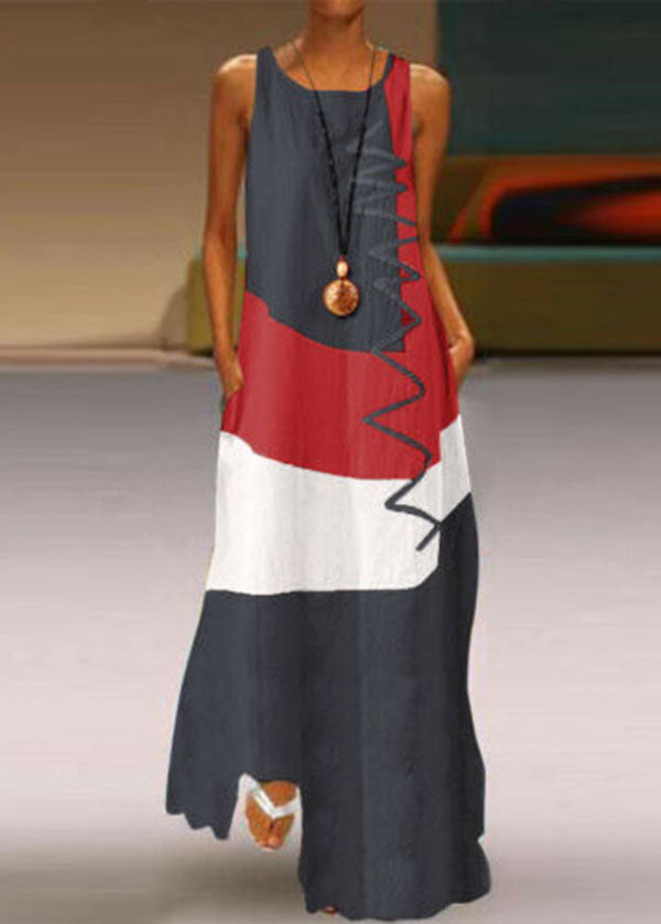 Sleeveless Patchwork O-neck Side Pocket Casual Long Maxi Dress