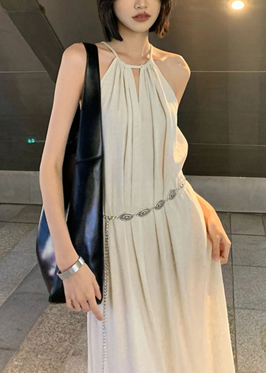 Slim Fit Apricot Tie Waist Solid Holiday Maxi Dress Summer