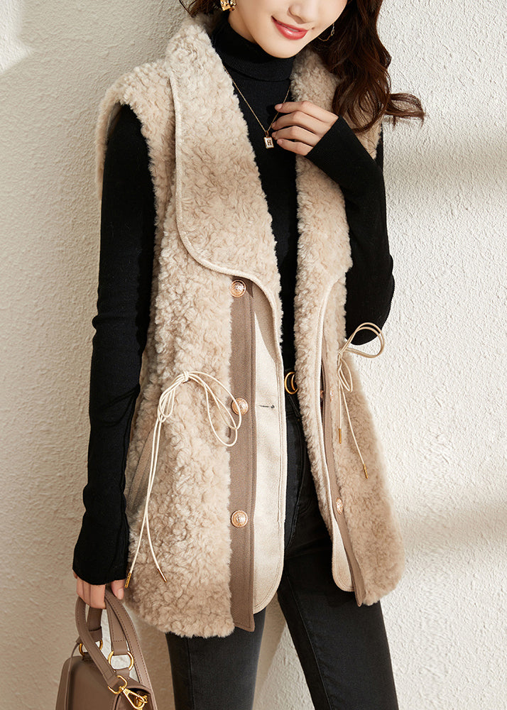 Slim Fit Beige Notched Patchwork Button Thick Faux Fur Waistcoat Fall