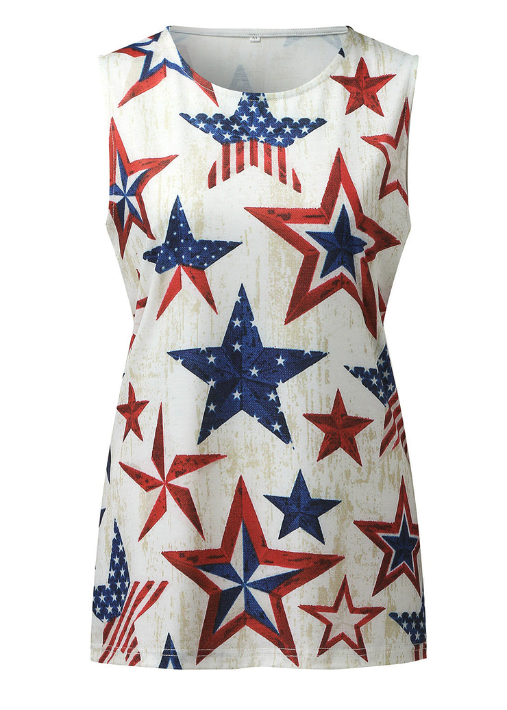 Slim Fit Beige O-Neck Independence Day Print Cotton Tank Top Summer