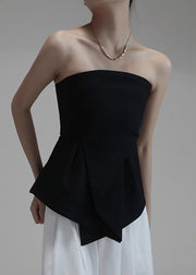 Slim Fit Black Asymmetrical Cold Shoulder Cotton Chest Wrapping Top Sleeveless