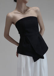 Slim Fit Black Asymmetrical Cold Shoulder Cotton Chest Wrapping Top Sleeveless