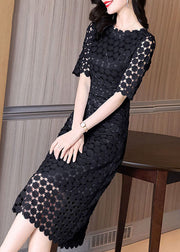 Slim Fit Black Hollow Out Embroidered Lace Dresses Half Sleeve