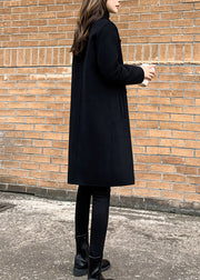 Slim Fit Black Notched Button Solid Woolen Coats Fall