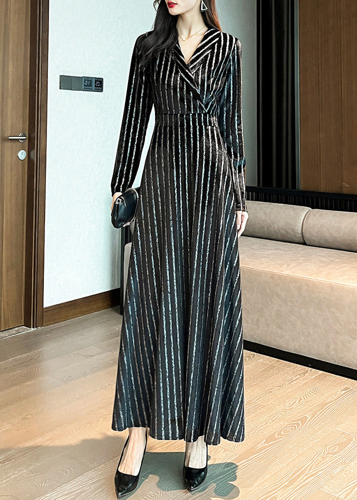 Slim Fit Black Notched Striped Maxi Dresses Long Sleeve